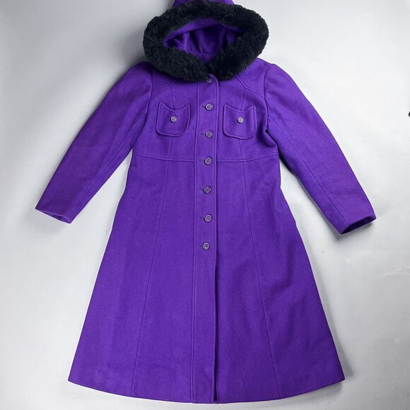 60's Princess Jacket Vintage Violet Purple Long Wool Women's Coat Fur Lined Hood - Picture 1 of 10